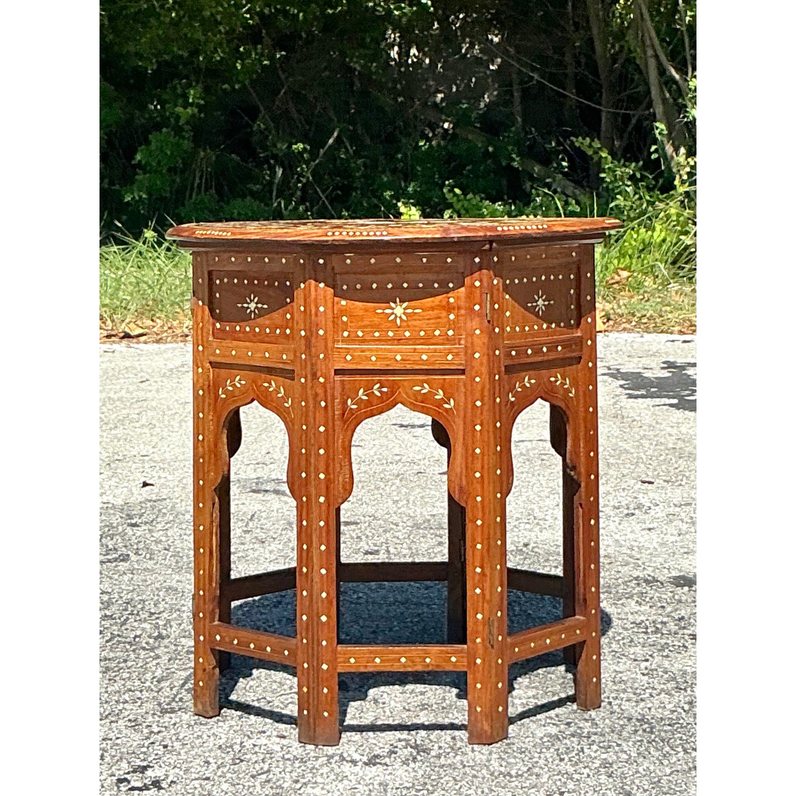 Vintage Boho Moroccan Elephant Inlay Side Table - Detail view