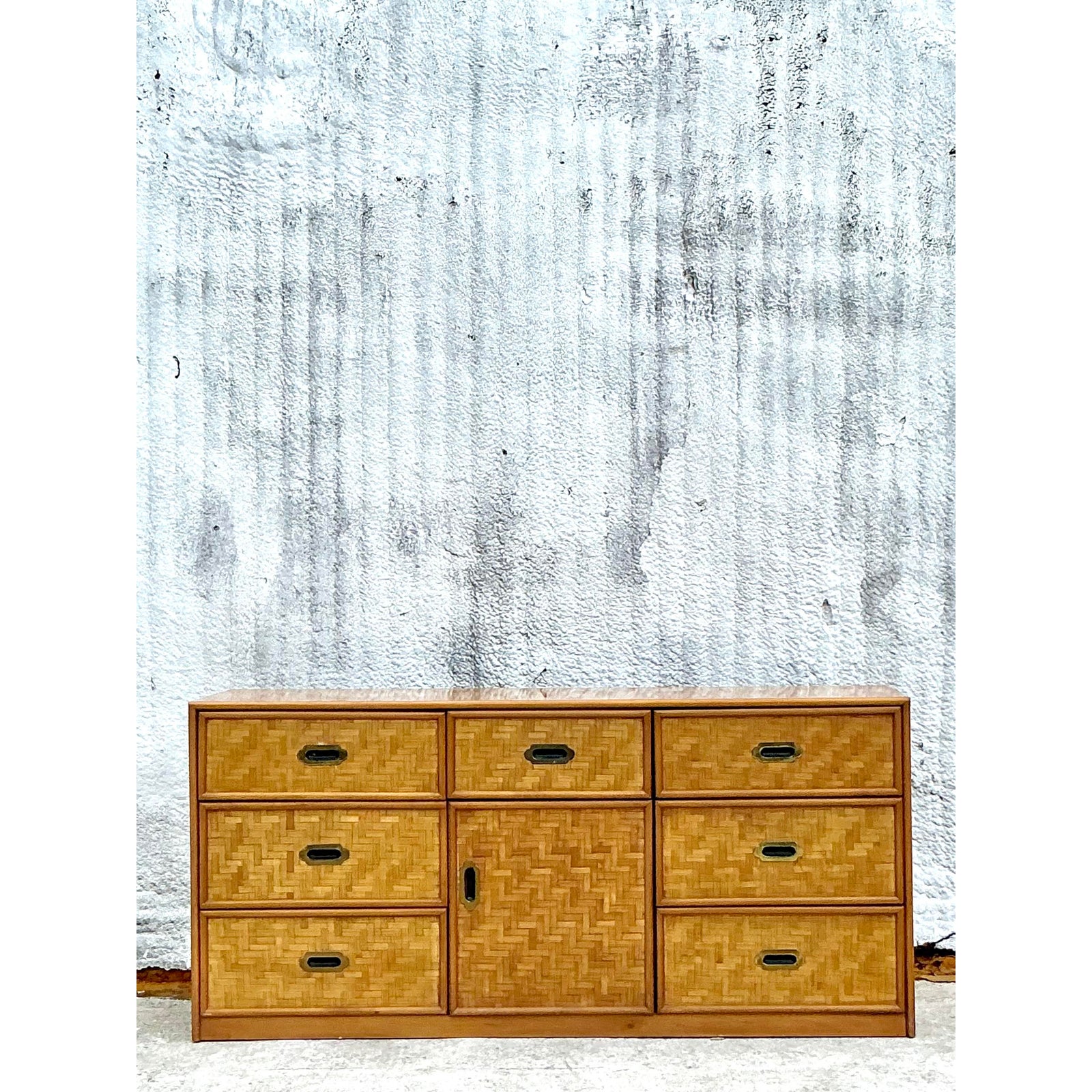 Vintage Coastal Parquet Rattan Credenza - Back view