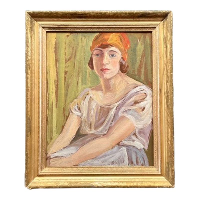 Mid 20th Century Vintage Boho Original Oil Portrait on Board