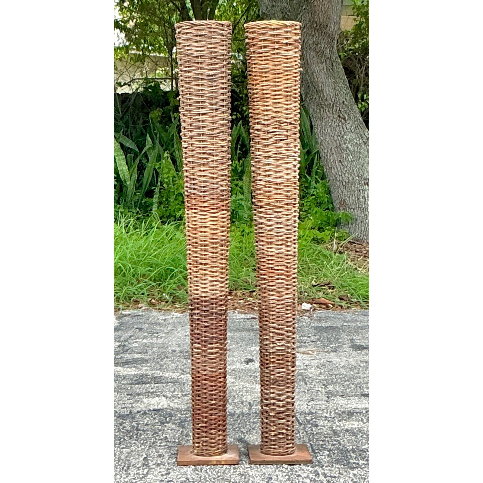 Vintage Boho Woven Rattan Tall Floor Vases - A Pair - Side view