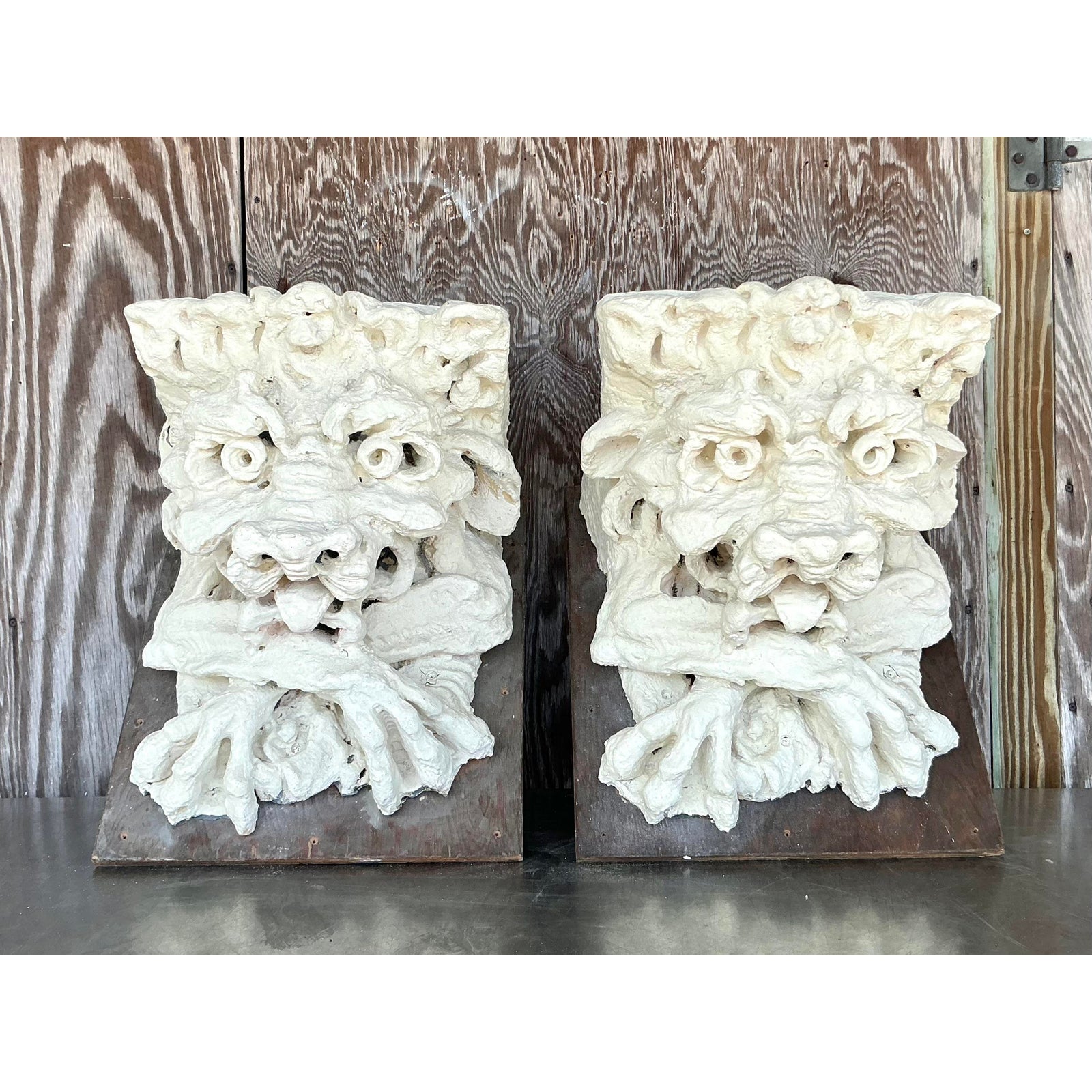 Vintage Boho Plaster Over Fiberglass Gargoyle Corbels - A Pair - Back view