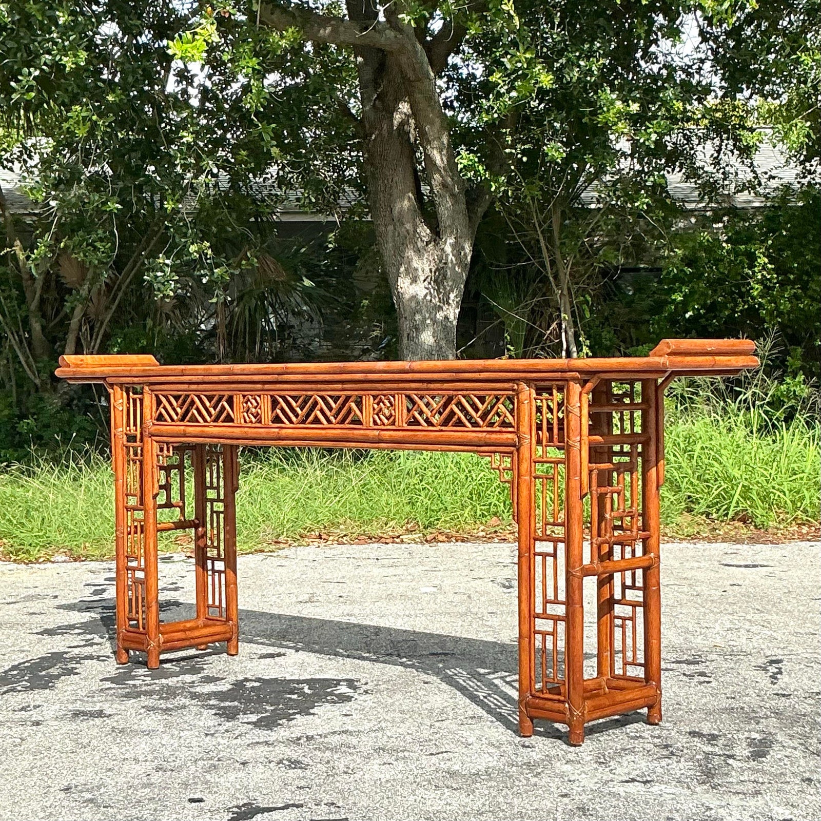 Vintage Asian Pagoda Fretwork Console Table - Side view