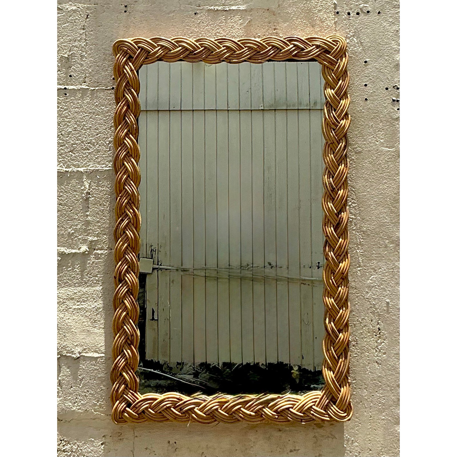 Vintage Boho Braided Rattan Mirror - Back view