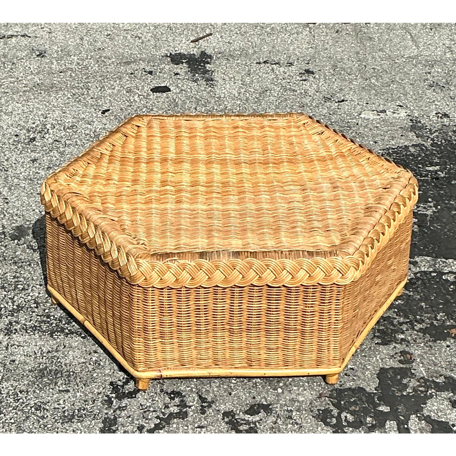 Vintage Coastal Brown Jordan Braided Rattan Coffee Table - Top view