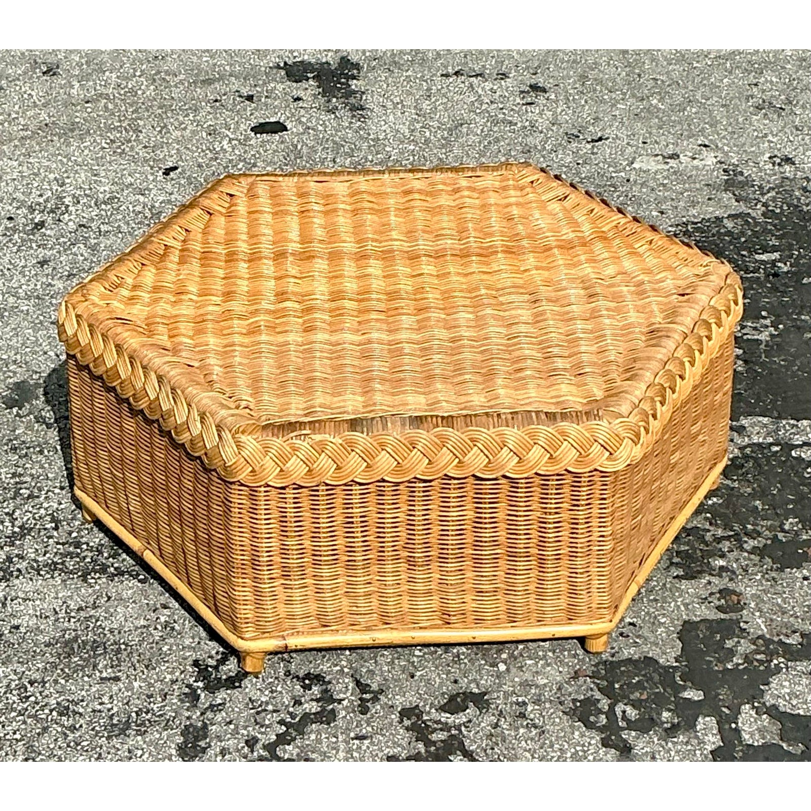 Vintage Coastal Brown Jordan Braided Rattan Coffee Table - Side view
