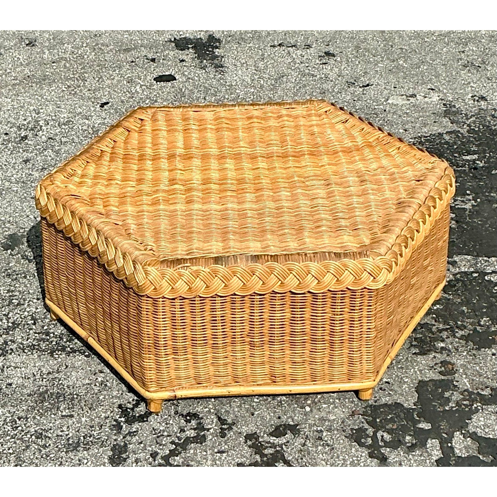 Vintage Coastal Brown Jordan Braided Rattan Coffee Table - Detail view
