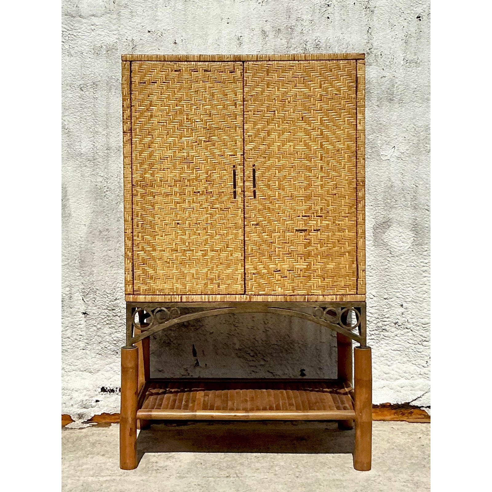 Vintage Coastal Woven Rattan Armoire - Detail view