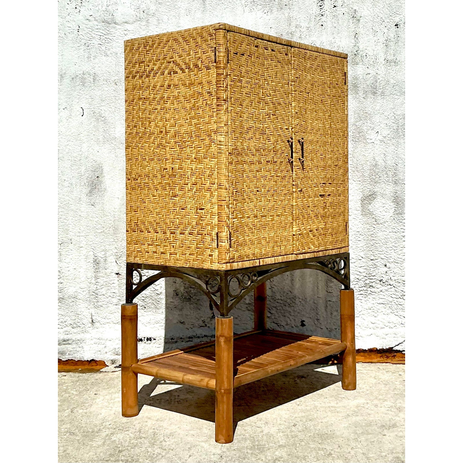 Vintage Coastal Woven Rattan Armoire - Side view