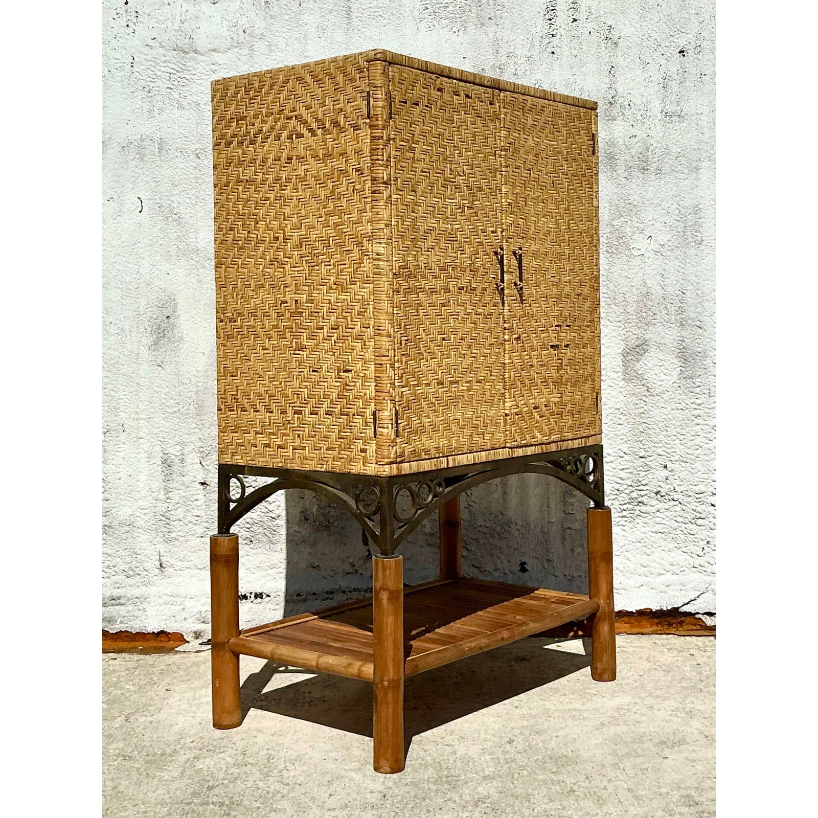 Vintage Coastal Woven Rattan Armoire - Back view