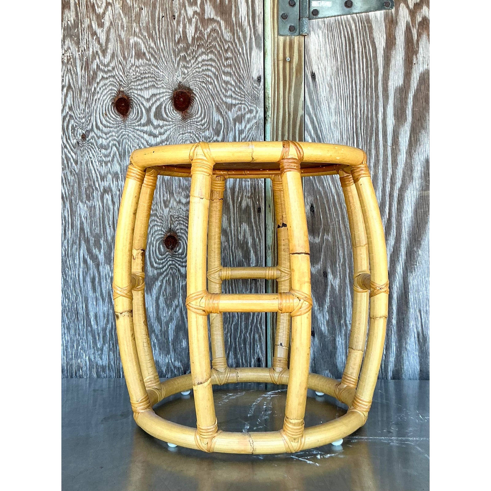 Vintage Coastal Rattan Low Stool - Side view