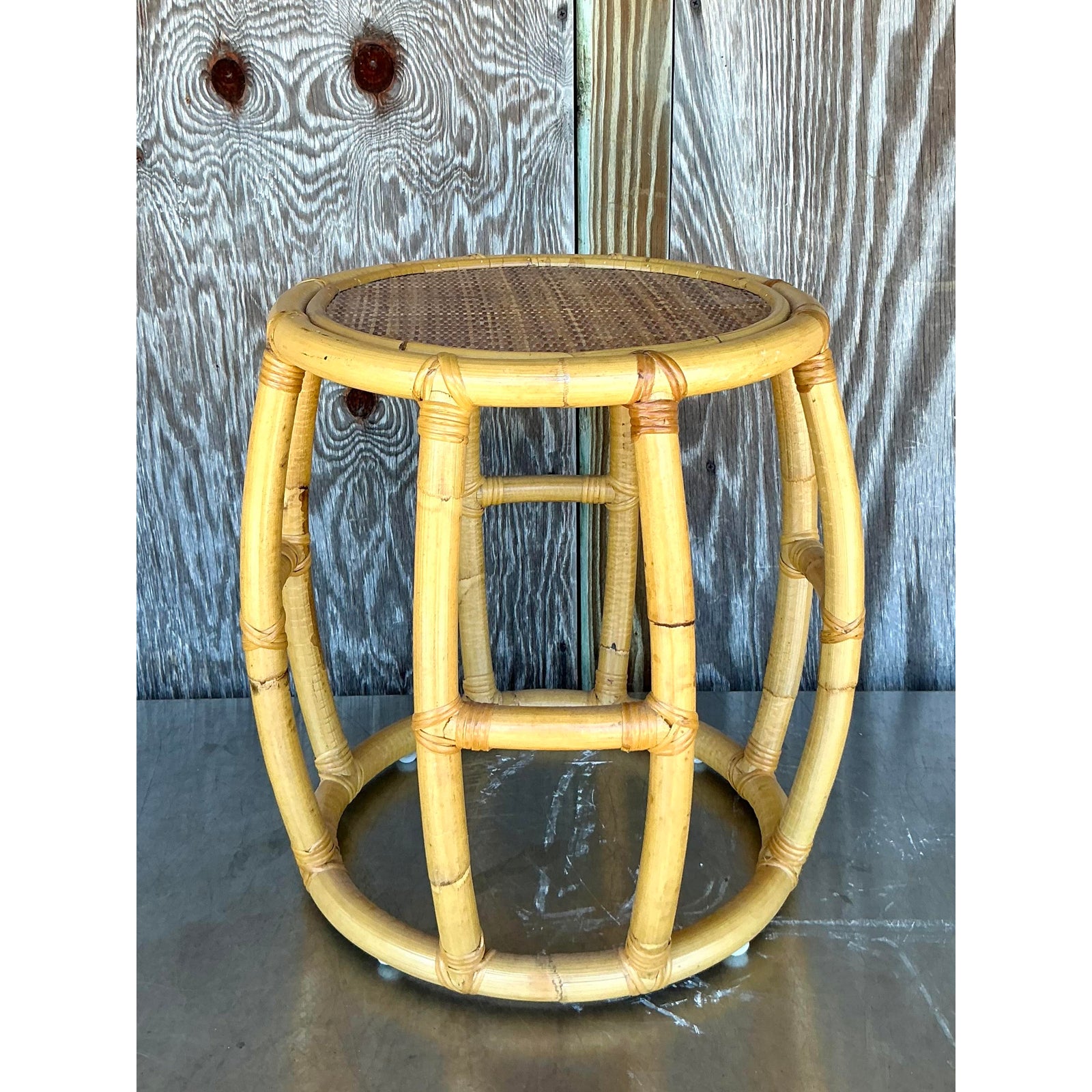 Vintage Coastal Rattan Low Stool - Top view