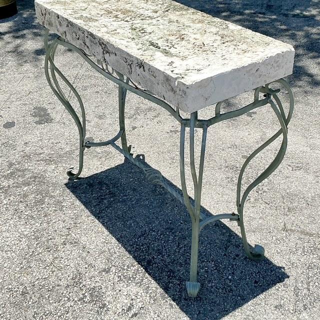 Vintage Boho Wrought Iron and Coquina Stone Console Table - Back view