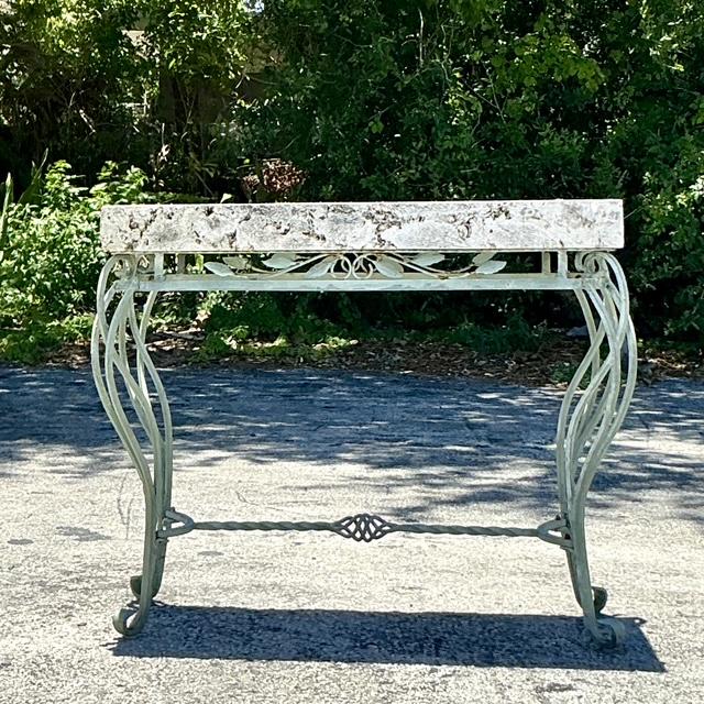 Vintage Boho Wrought Iron and Coquina Stone Console Table - Top view