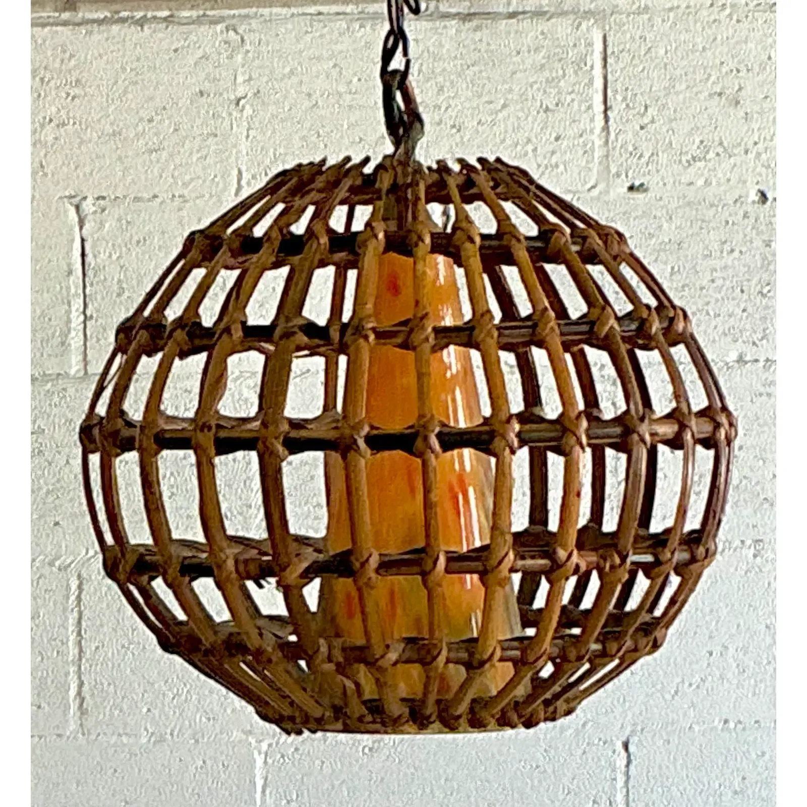 Vintage Boho Cage Rattan and Blown Glass Cone Chandelier - Top view