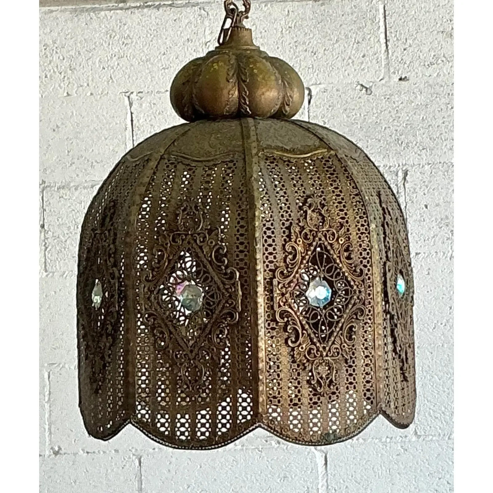 Vintage Boho Moroccan Brass Filagree Dome Lantern - Detail view