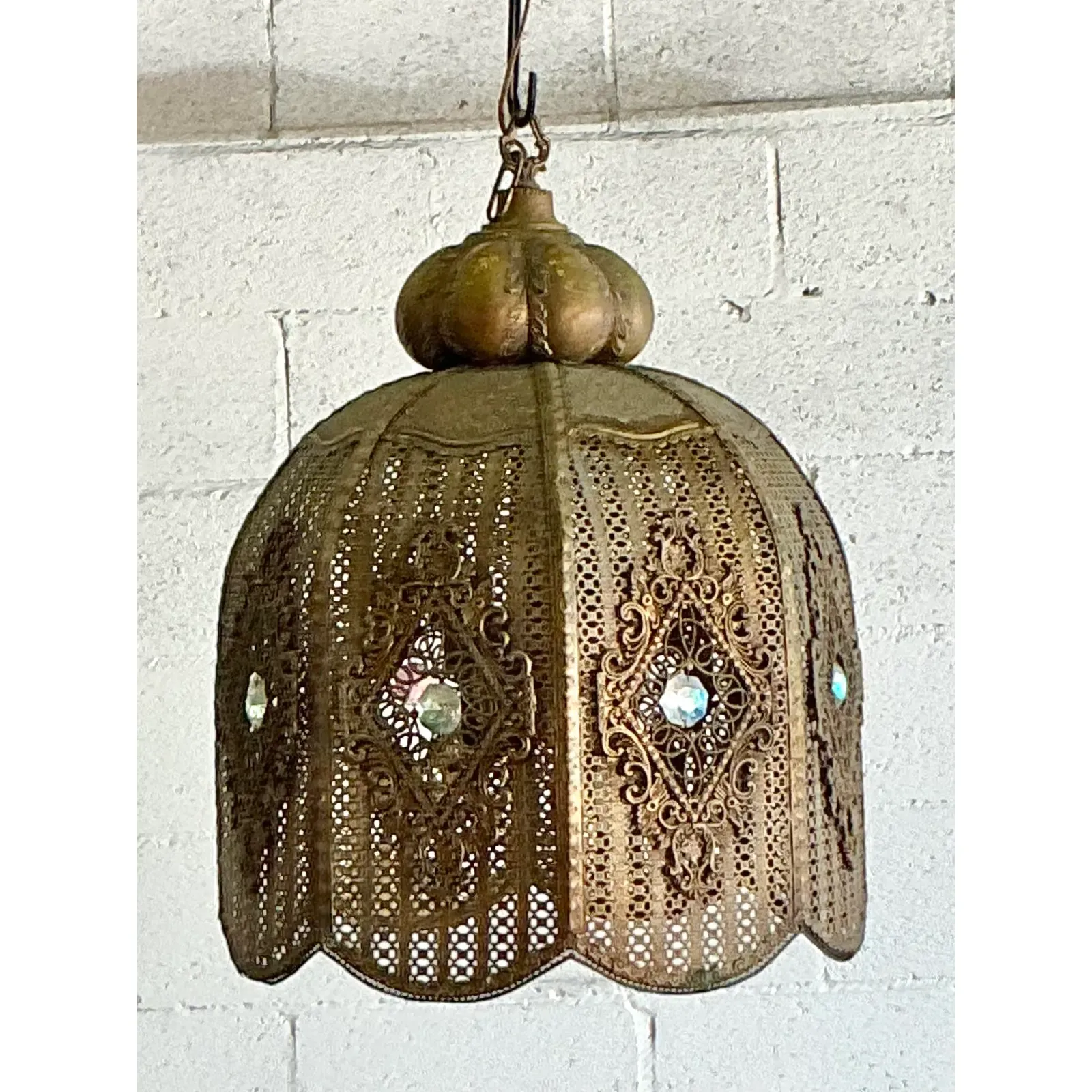 Vintage Boho Moroccan Brass Filagree Dome Lantern - Back view