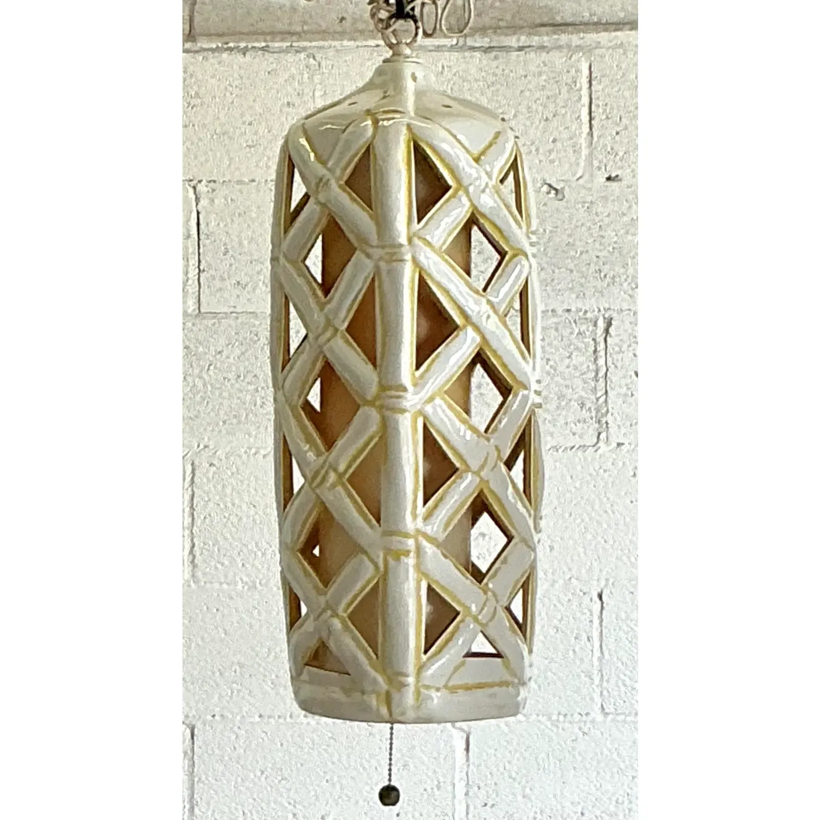 Vintage Mid-Century Modern Glazed Ceramic Hanging Trellis Lantern - Side view