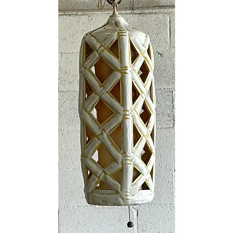 Vintage Mid-Century Modern Glazed Ceramic Hanging Trellis Lantern - Back view