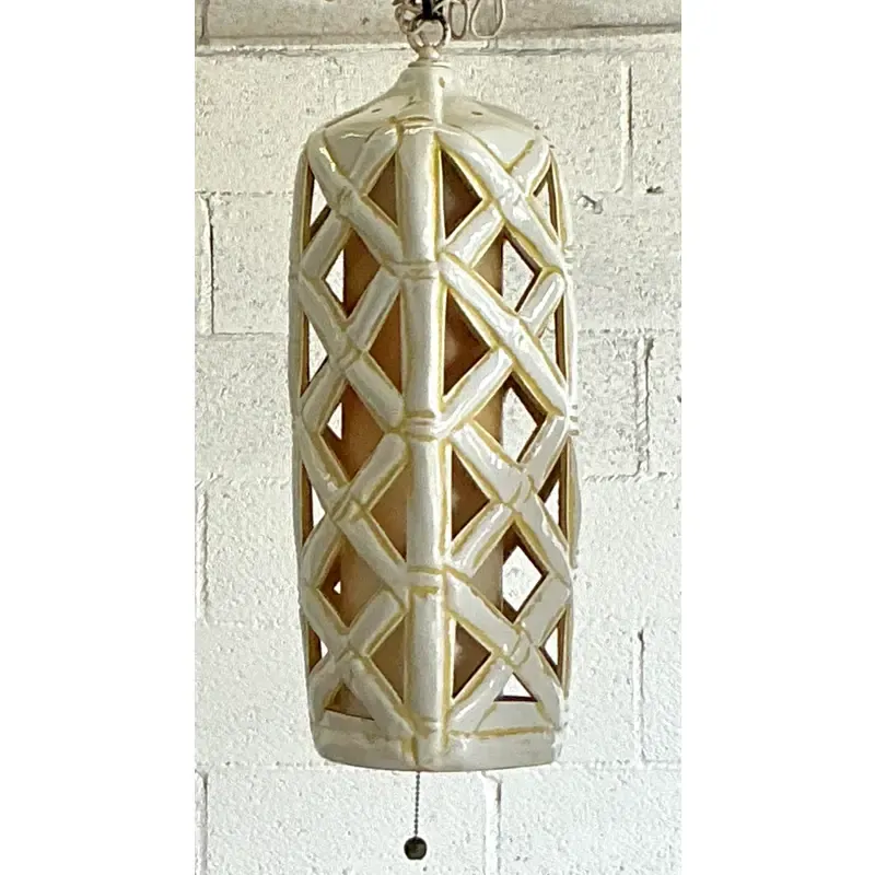 Vintage Mid-Century Modern Glazed Ceramic Hanging Trellis Lantern - Top view