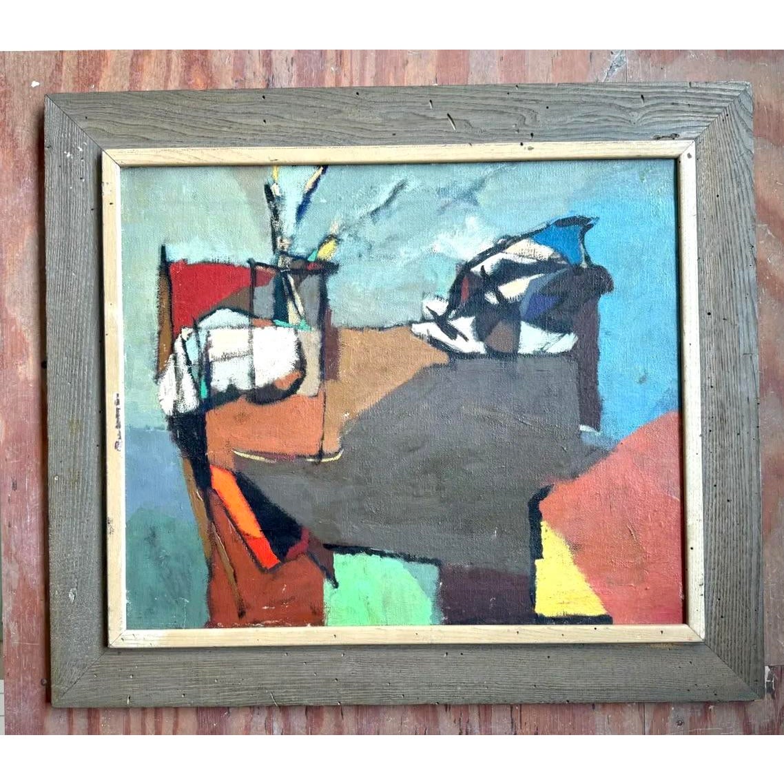 Vintage Boho Abstract Painting Oil on Canvas - Top view