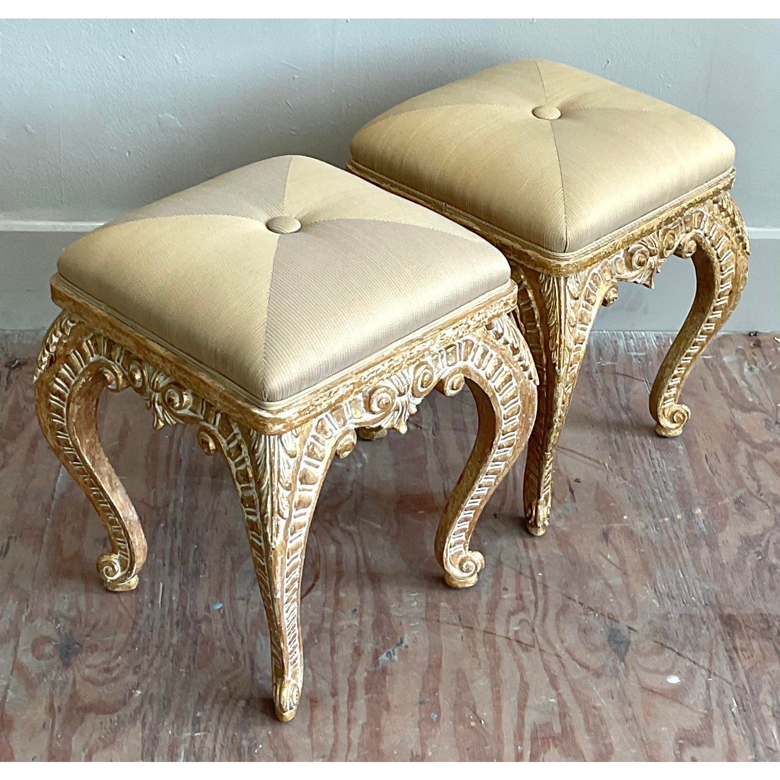 Vintage Italian Casa De Arte Paoletti Carved Stools - A Pair - Back view