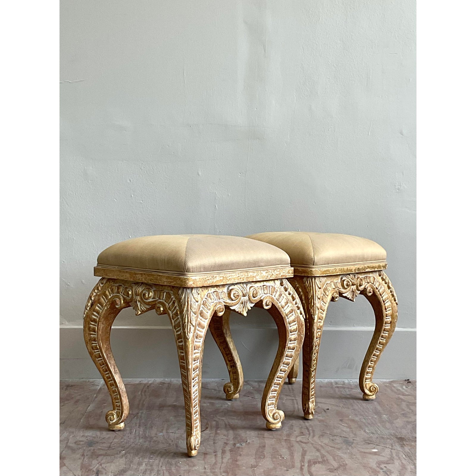 Vintage Italian Casa De Arte Paoletti Carved Stools - A Pair - Side view
