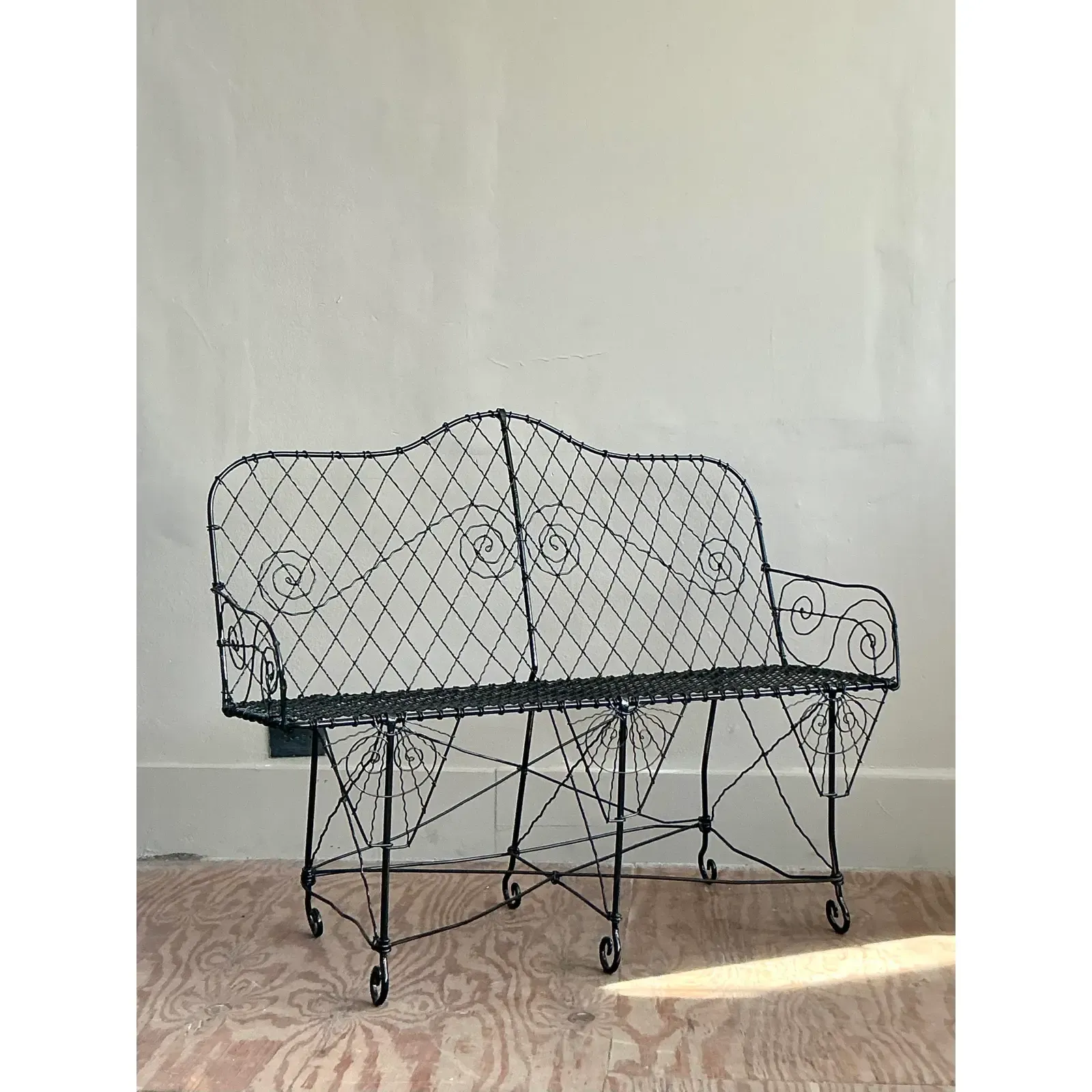 Late 20th Century Regency Trellis Wrought Iron Bench - Detail view