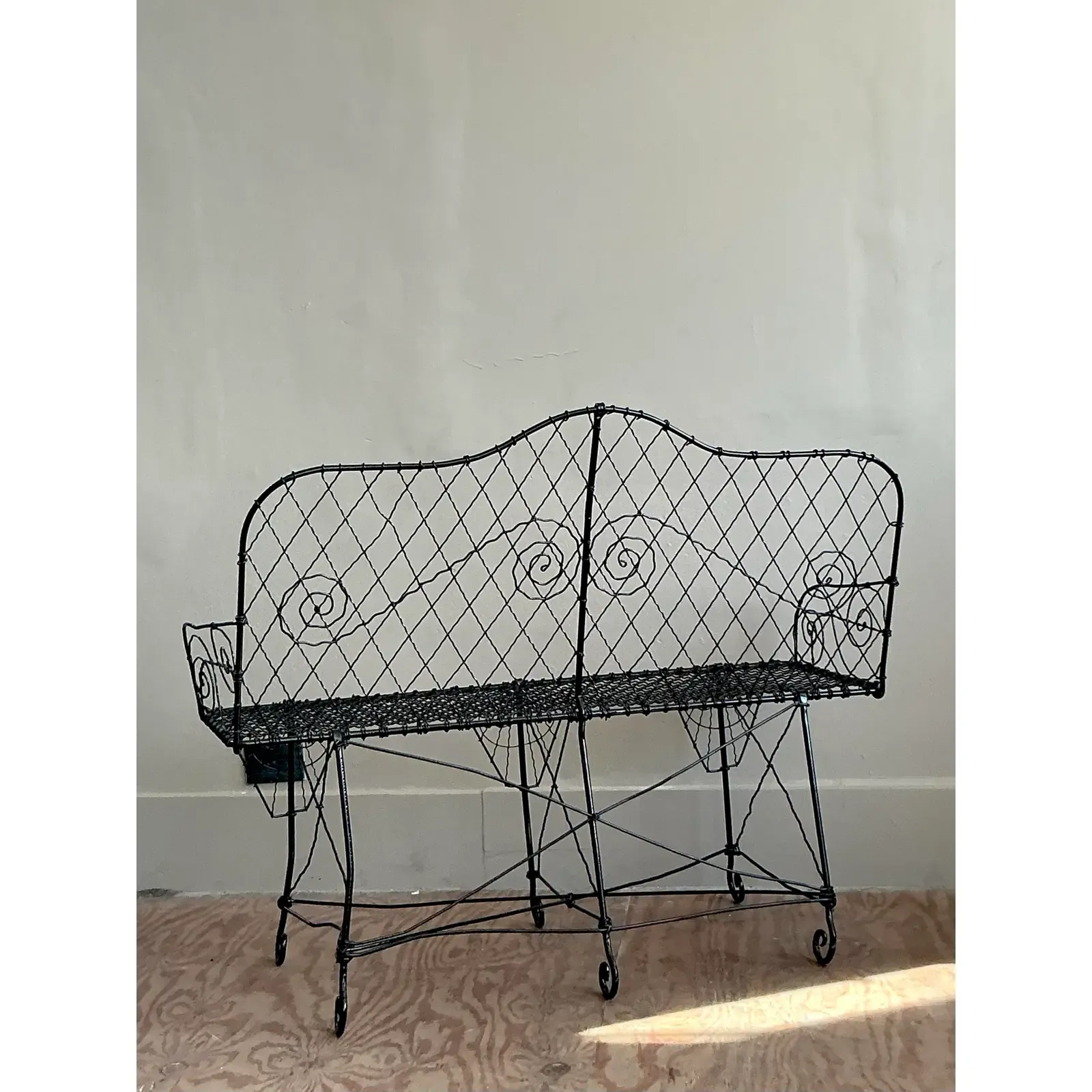 Late 20th Century Regency Trellis Wrought Iron Bench - Side view