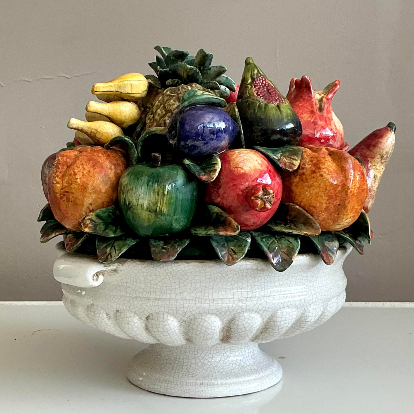Vintage Regency Monumental Glazed Ceramic Bowl of Fruit - Side view