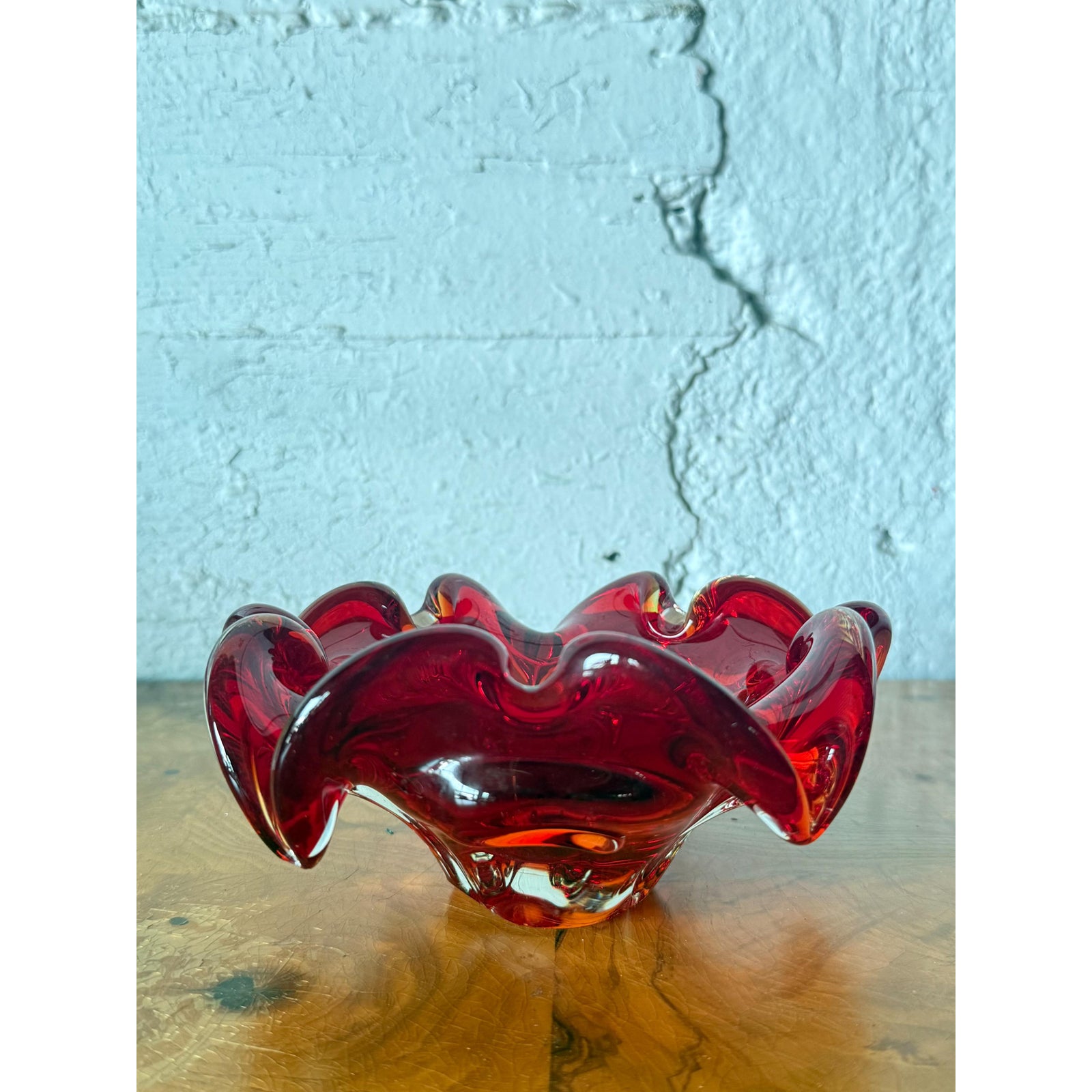 Mid Century Italian Art Glass Ruffle Dish Bowl After Murano - Side view