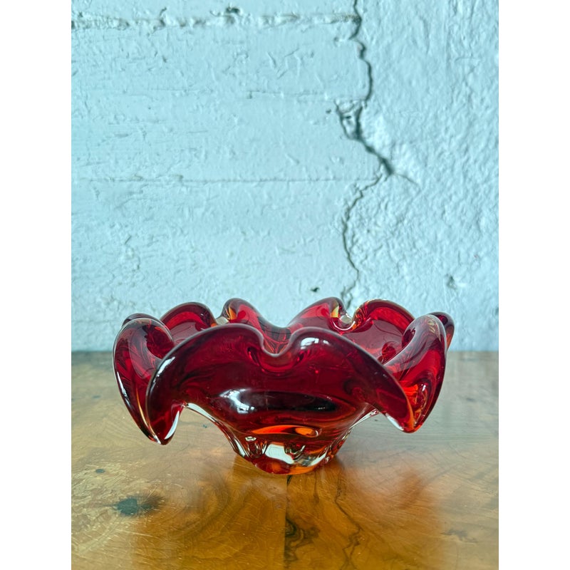 Mid Century Italian Art Glass Ruffle Dish Bowl After Murano - Top view