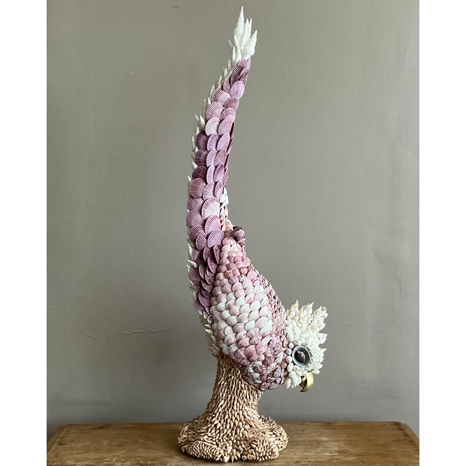 Vintage Coastal Monumental Shell Encrusted Cockatoo - Side view