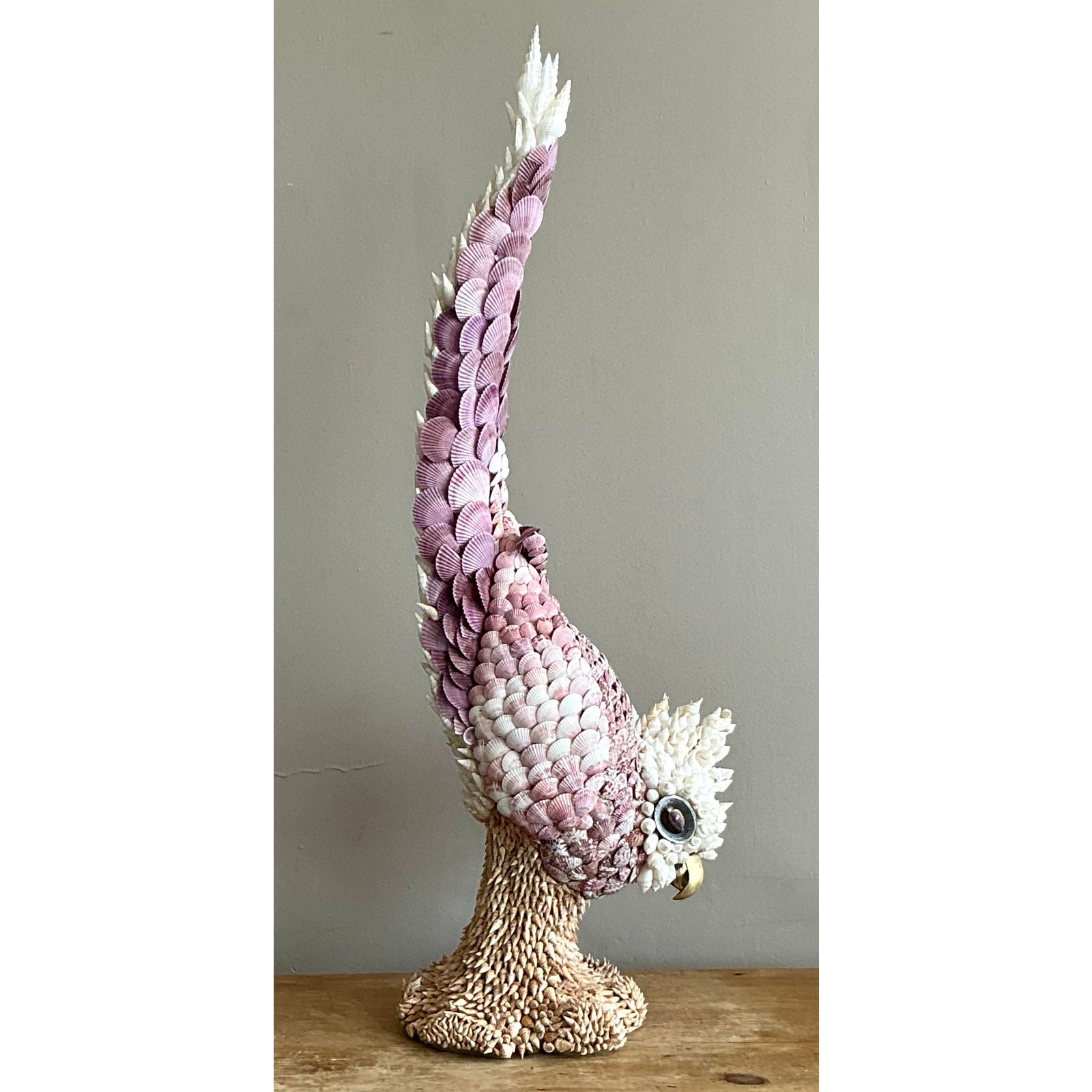 Vintage Coastal Monumental Shell Encrusted Cockatoo - Detail view