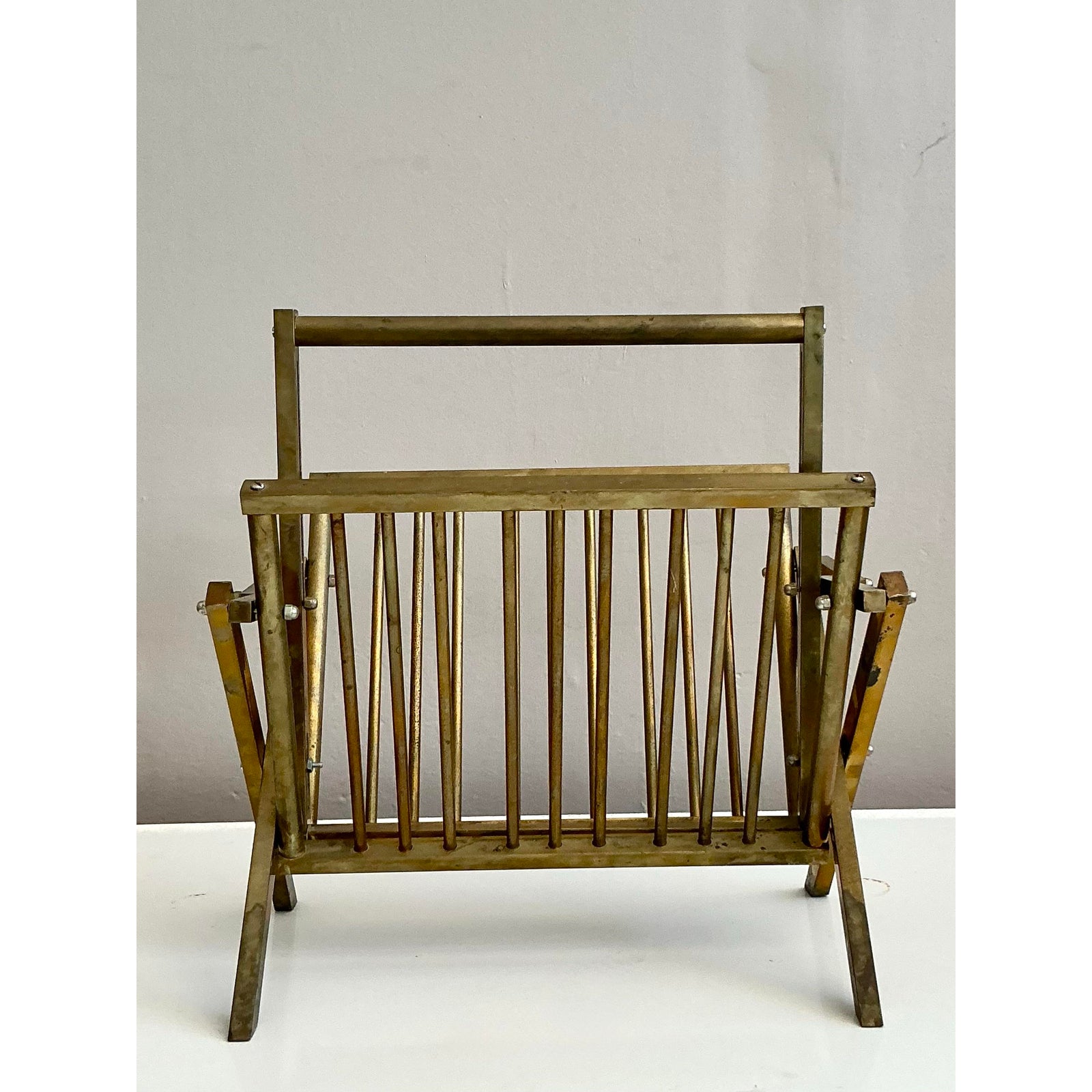 Vintage Modernist Brass Newspaper Rack - Top view