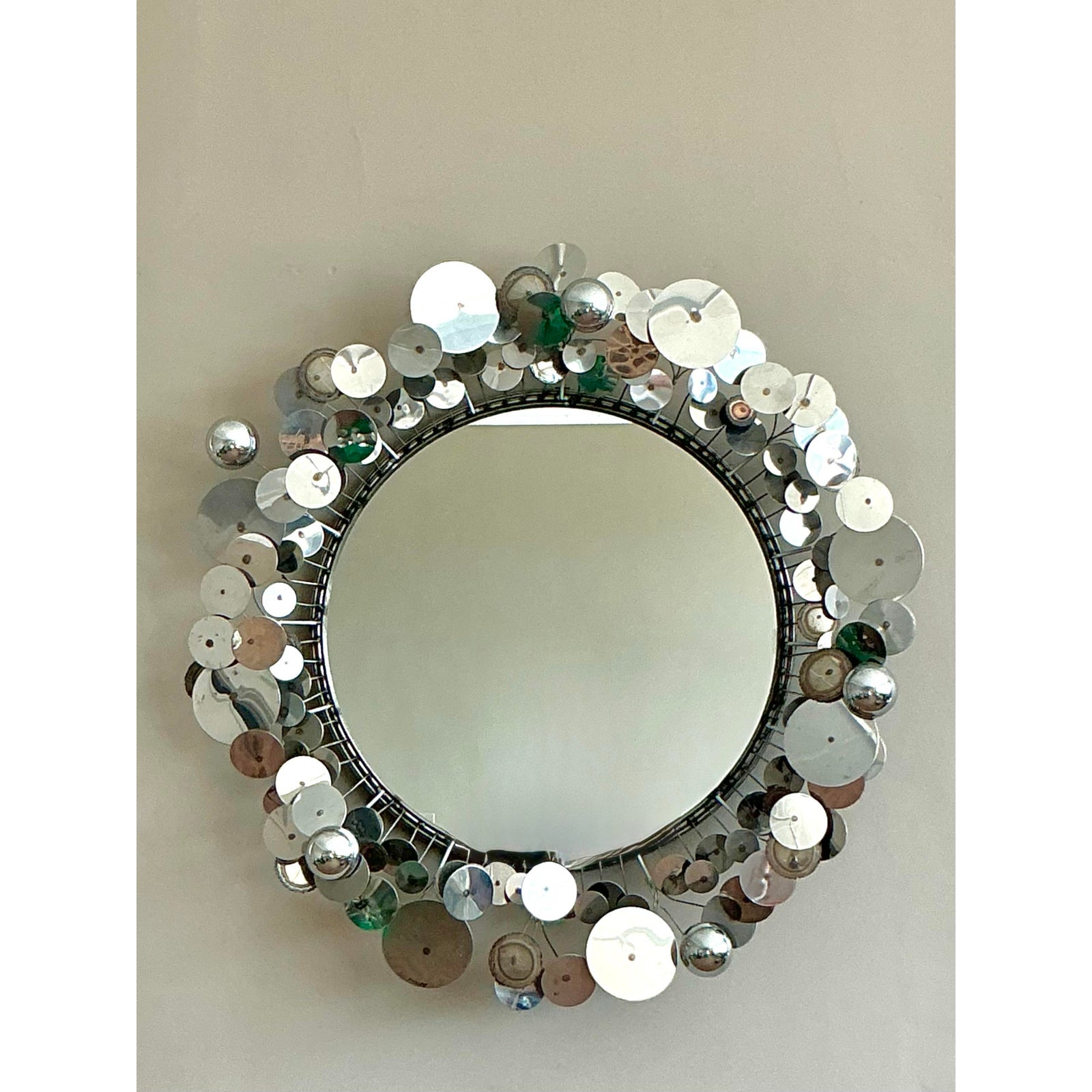 Vintage Boho Signed Curtis Jere Chrome “Raindrops” Mirror - Detail view