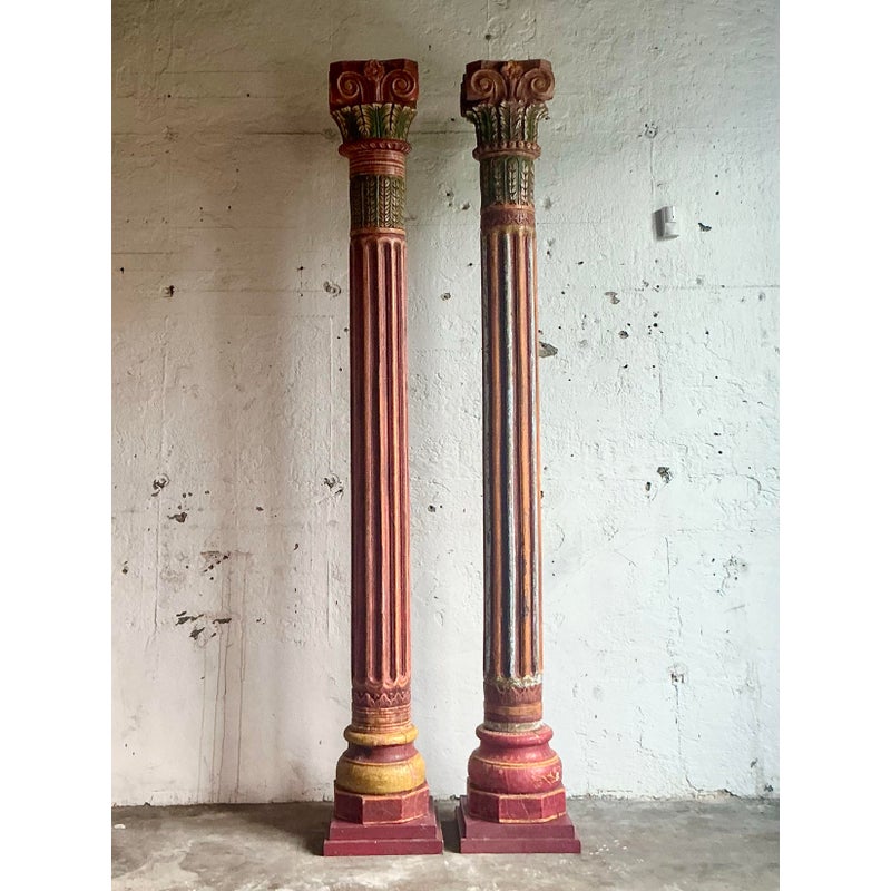 Vintage Boho Carved Corinthian Columns - A Set of 2 - Side view