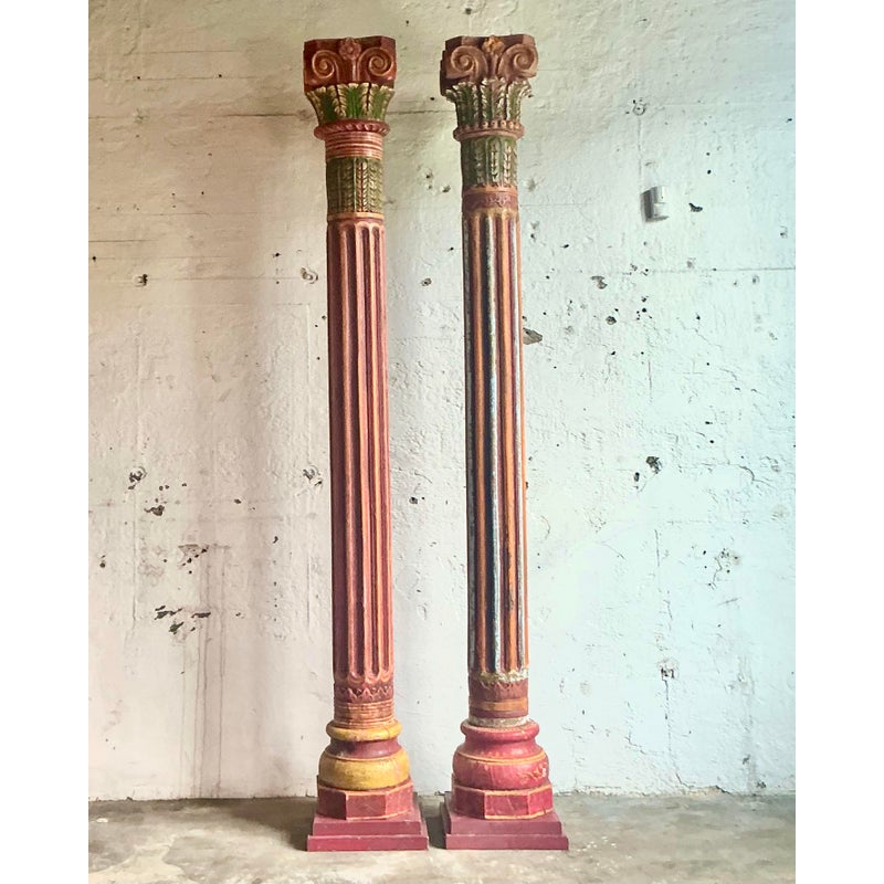 Vintage Boho Carved Corinthian Columns - A Set of 2 - Back view