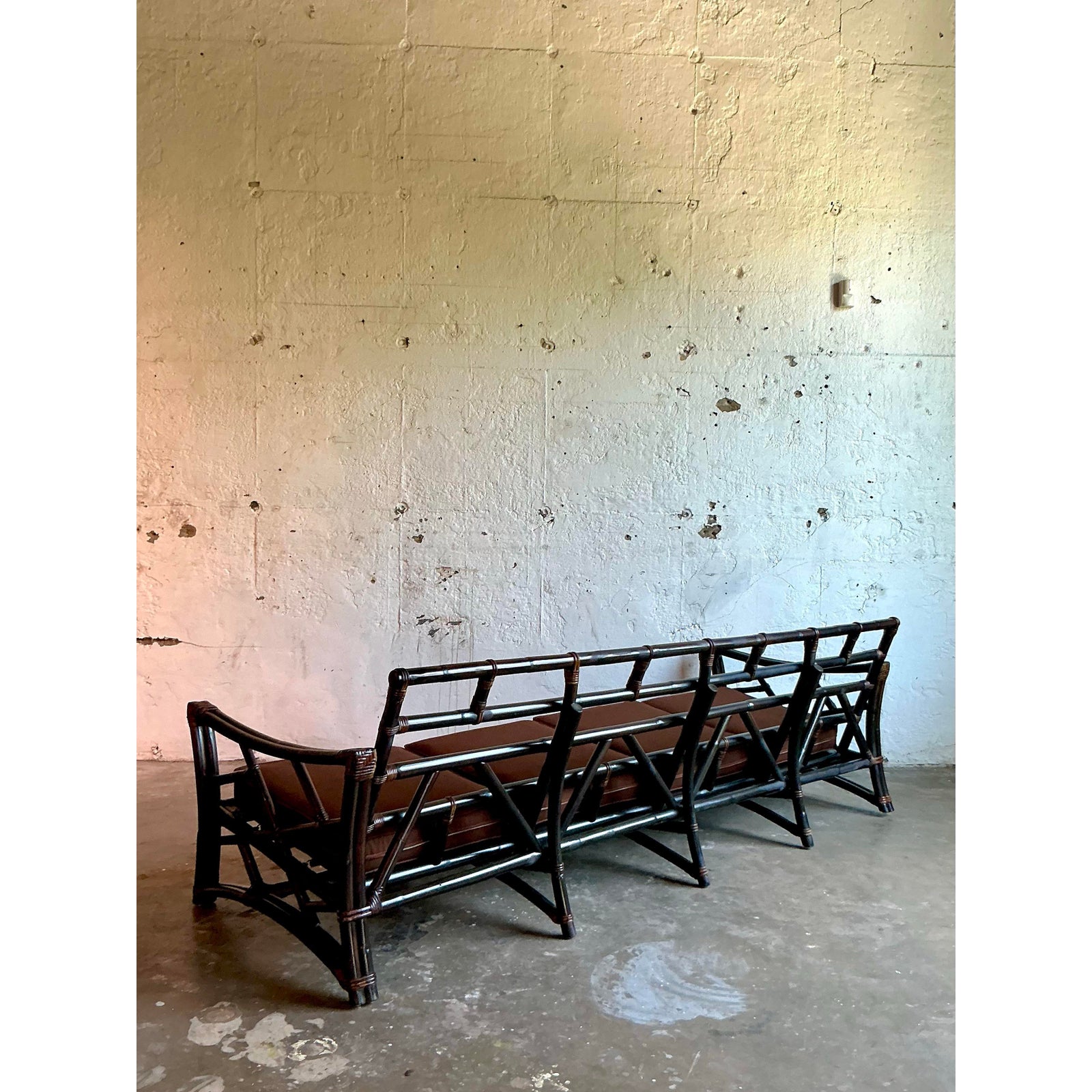 Vintage Boho Slope Arm Rattan Sofa After Ficks Reed - Top view