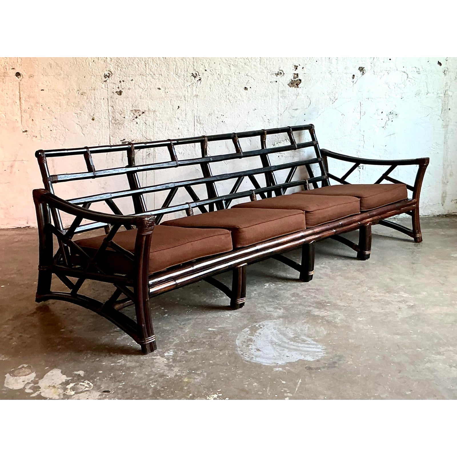 Vintage Boho Slope Arm Rattan Sofa After Ficks Reed - Detail view