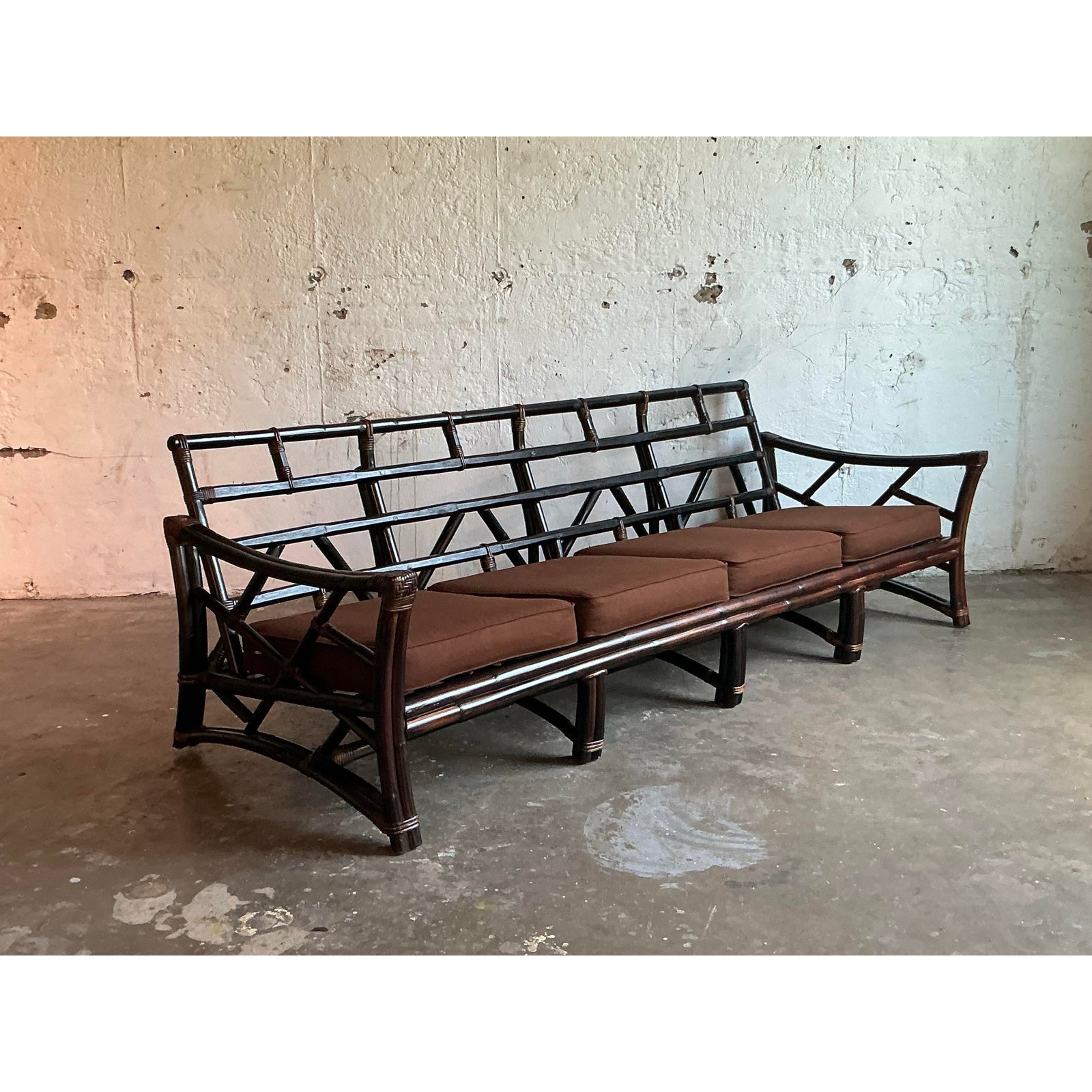 Vintage Boho Slope Arm Rattan Sofa After Ficks Reed - Side view