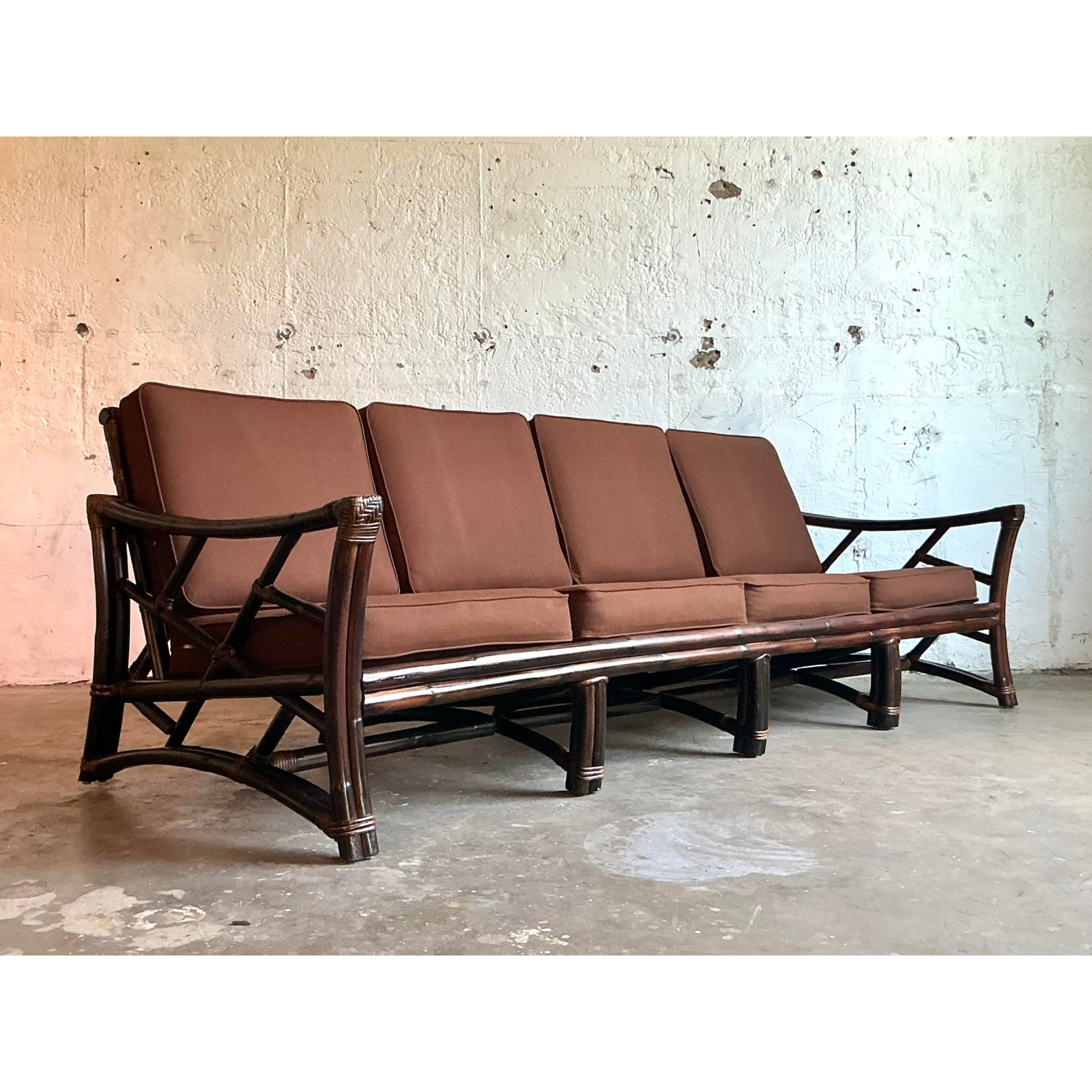 Vintage Boho Slope Arm Rattan Sofa After Ficks Reed - Back view