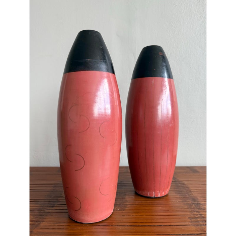 Vintage Boho Glazed Terracotta Vases- Set of 2 - Side view