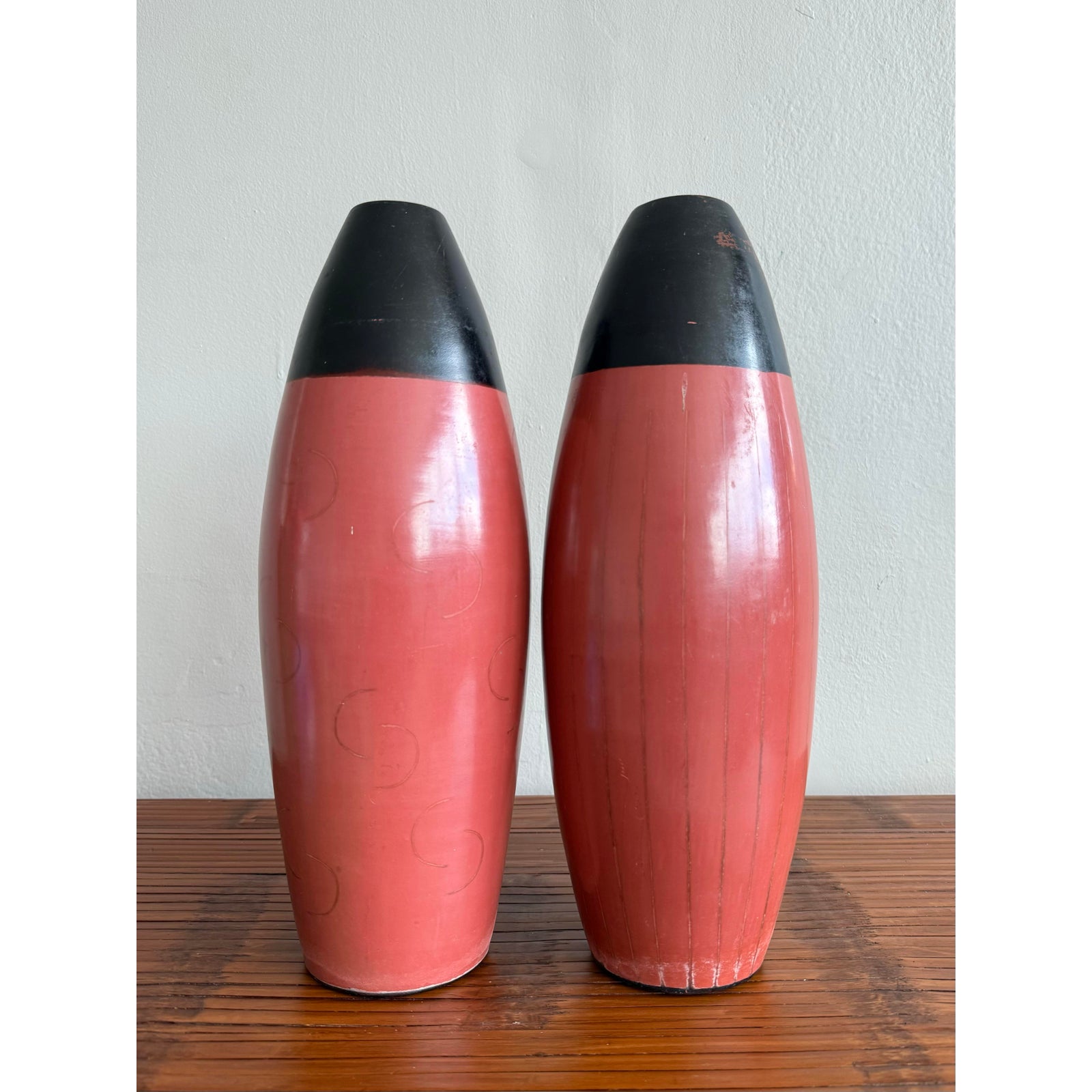 Vintage Boho Glazed Terracotta Vases- Set of 2 - Back view