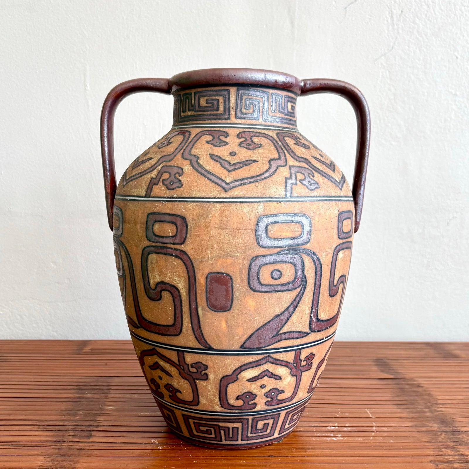 Vintage Boho Geometric Terracotta Jug - Side view