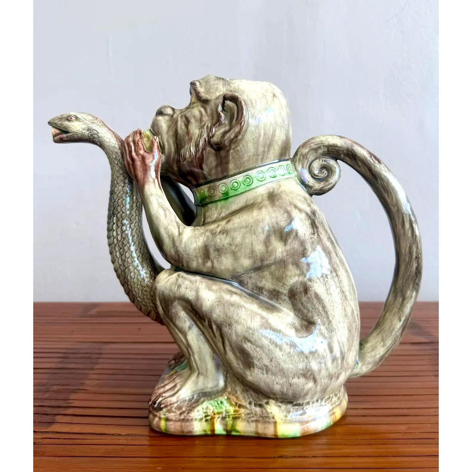 Late 20th Century Boho Ceramic Majolica-Style Monkey & Cobra Pitcher - Side view