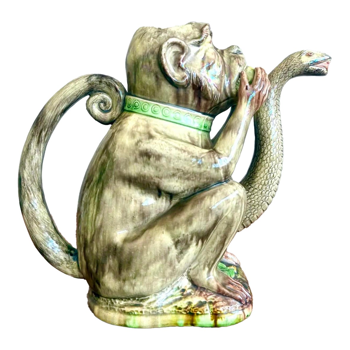 Late 20th Century Boho Ceramic Majolica-Style Monkey & Cobra Pitcher