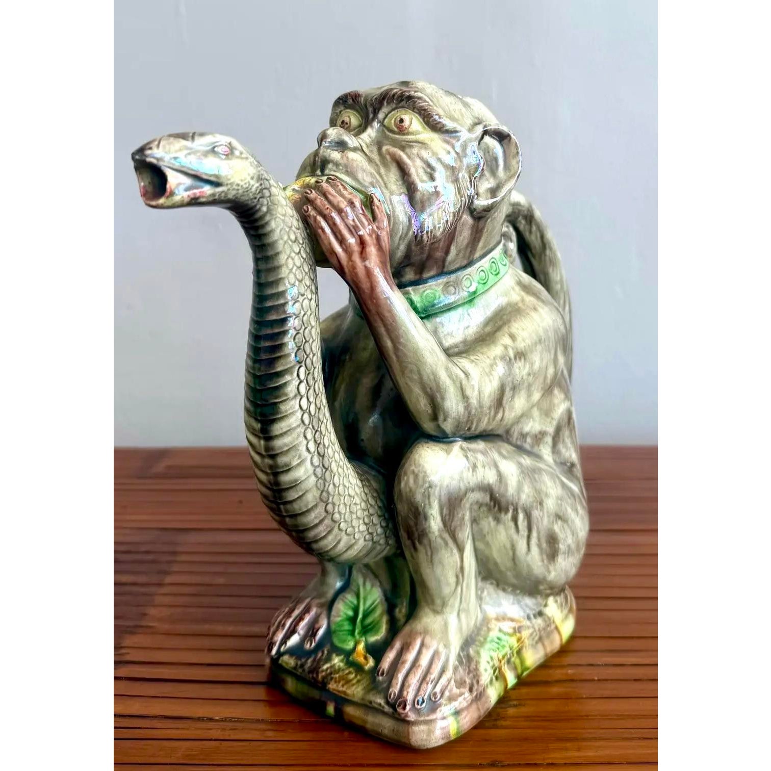 Late 20th Century Boho Ceramic Majolica-Style Monkey & Cobra Pitcher - Back view