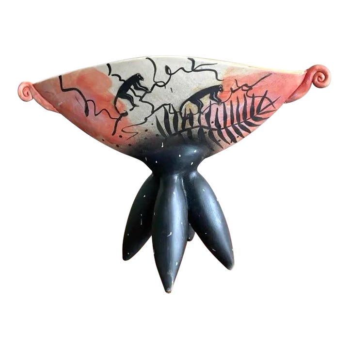Late 20th Century Boho Hand-Painted Abstract Pedestal Bowl