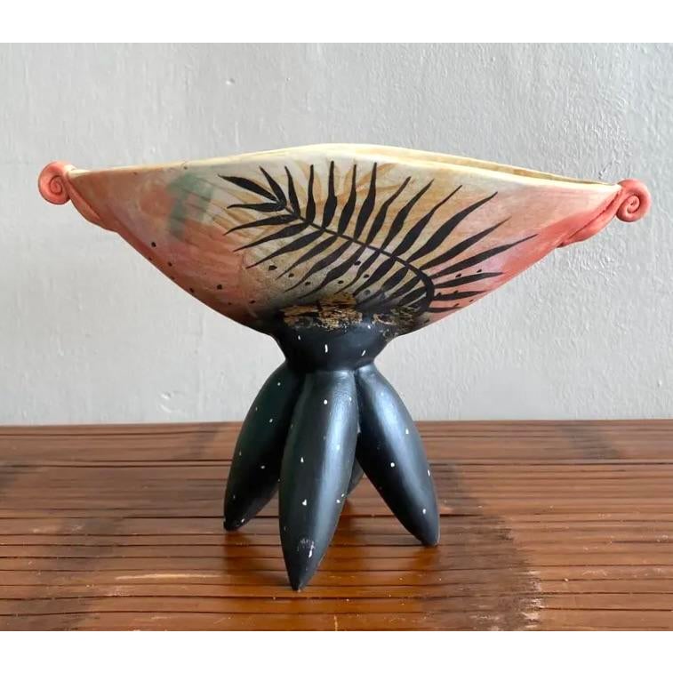 Late 20th Century Boho Hand-Painted Abstract Pedestal Bowl - Detail view