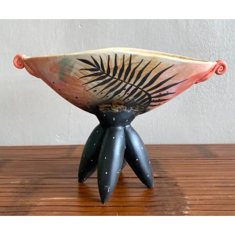 Late 20th Century Boho Hand-Painted Abstract Pedestal Bowl - Back view